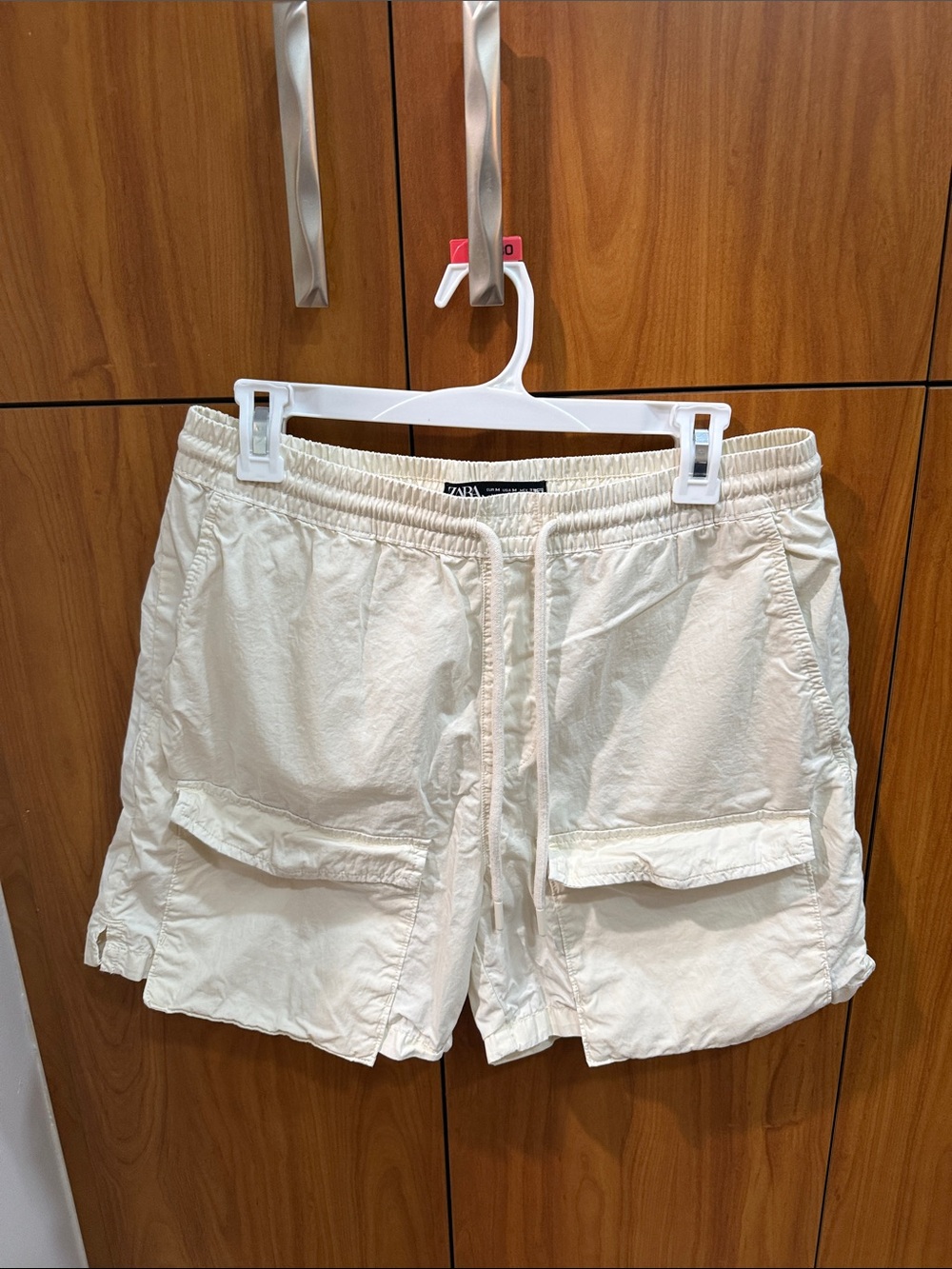 Zara Women Cream Cargo Drawstring Shorts with Flap Pockets